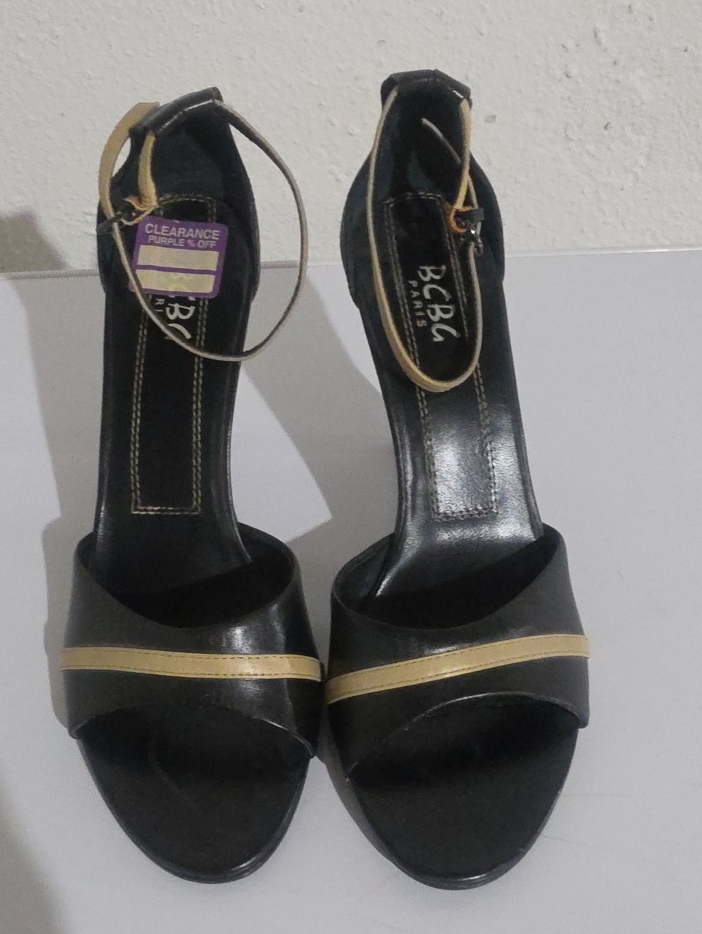 BCBG Black Leather Heels with Gold Trim Ankle-Strap Sandals
